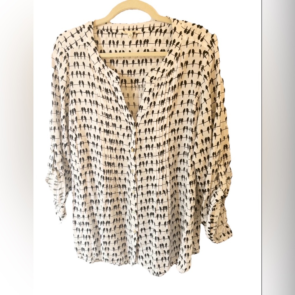 Jane and Delancey White Blouse with Black Bird Line Print